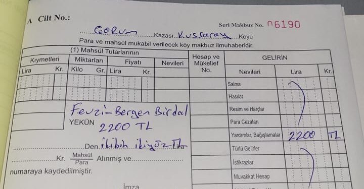 Fevzi ve Bergen Birdal dedesi Fikret Erdal anısına köyümüz muhtarlığına 2200 tl yardımda bulunmuştur.