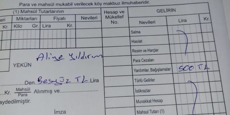 Aliye Yıldırım anne ve babası Belkız-İbrahim Öztürk anısına köyümüz muhtarlığına 500 TL yardımda bulunmuştur.